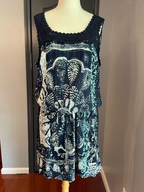 Lucky Brand Navy & White Crochet Trim Printed Sleeveless Dress